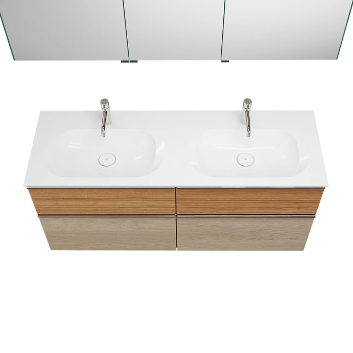 burgbad Fiumo Badmöbel-Set 142 cm mit Doppel-Waschtisch und Unterschrank  mit Griff G0146 sowie mit Spiegelschrank