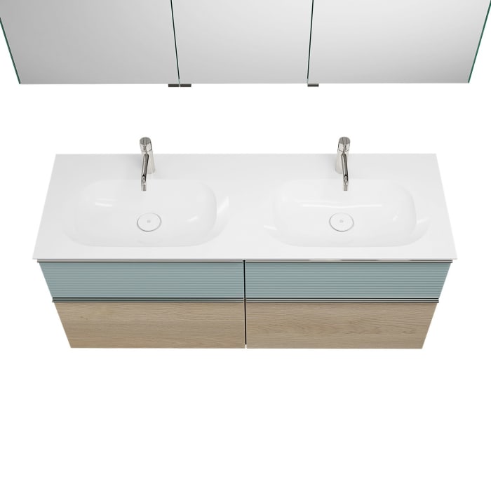 burgbad Fiumo Badmöbel-Set 142 cm mit Doppel-Waschtisch und Unterschrank  mit Griff G0146 sowie mit Spiegelschrank