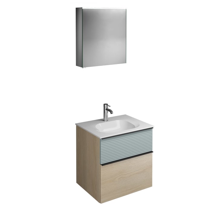 burgbad Fiumo Badmöbel-Set 62 cm mit Waschtisch und Unterschrank  mit Griff G0200 sowie mit Spiegelschrank mit Türanschlag rechts