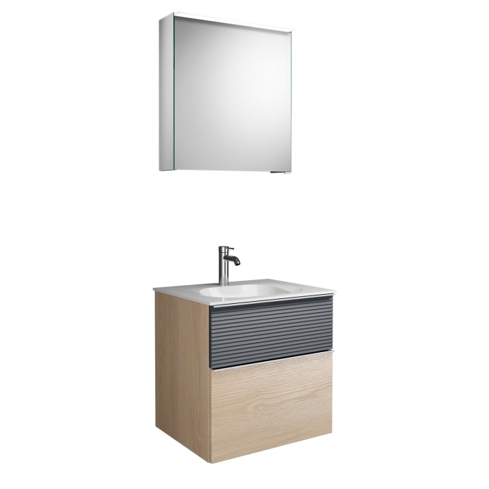 burgbad Fiumo Badmöbel-Set 62 cm mit Waschtisch und Unterschrank  mit Griff G0146 sowie mit Spiegelschrank mit Türanschlag links