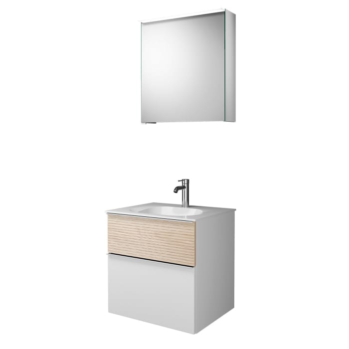 burgbad Fiumo Badmöbel-Set 62 cm mit Waschtisch und Unterschrank  mit Griff G0146 sowie mit Spiegelschrank mit Türanschlag rechts