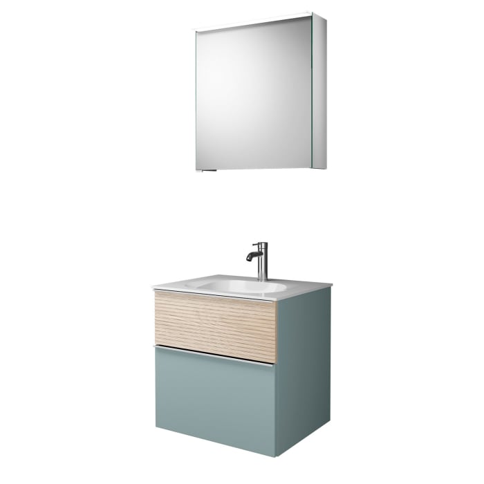 burgbad Fiumo Badmöbel-Set 62 cm mit Waschtisch und Unterschrank  mit Griff G0146 sowie mit Spiegelschrank mit Türanschlag rechts