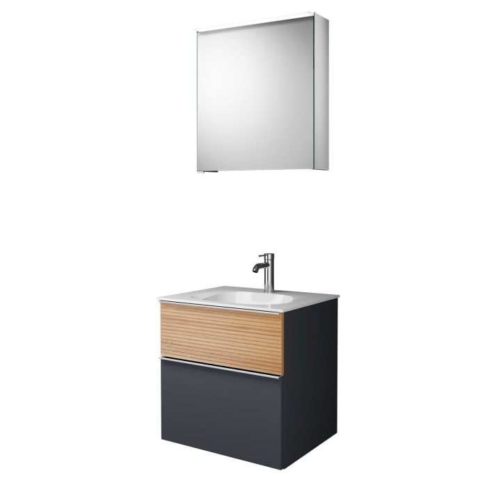 burgbad Fiumo Badmöbel-Set 62 cm mit Waschtisch und Unterschrank  mit Griff G0146 sowie mit Spiegelschrank mit Türanschlag rechts