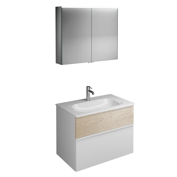 burgbad Fiumo Badmöbel-Set 82 cm mit Waschtisch und Unterschrank  mit Griff G0223 sowie mit Spiegelschrank