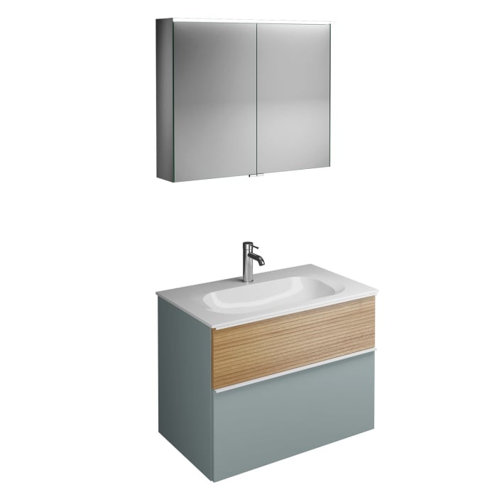 burgbad Fiumo Badmöbel-Set 82 cm mit Waschtisch und Unterschrank  mit Griff G0223 sowie mit Spiegelschrank