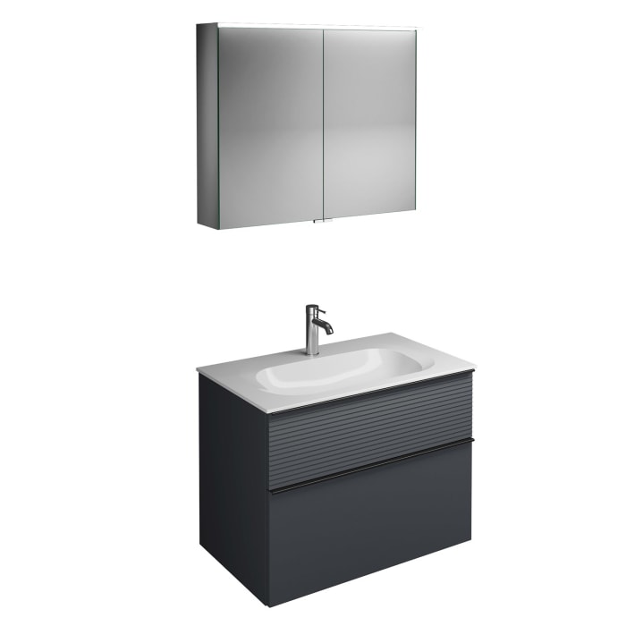 burgbad Fiumo Badmöbel-Set 82 cm mit Waschtisch und Unterschrank  mit Griff G0200 sowie mit Spiegelschrank