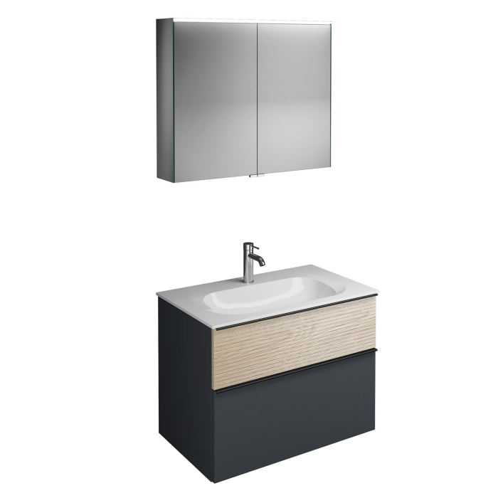 burgbad Fiumo Badmöbel-Set 82 cm mit Waschtisch und Unterschrank  mit Griff G0200 sowie mit Spiegelschrank