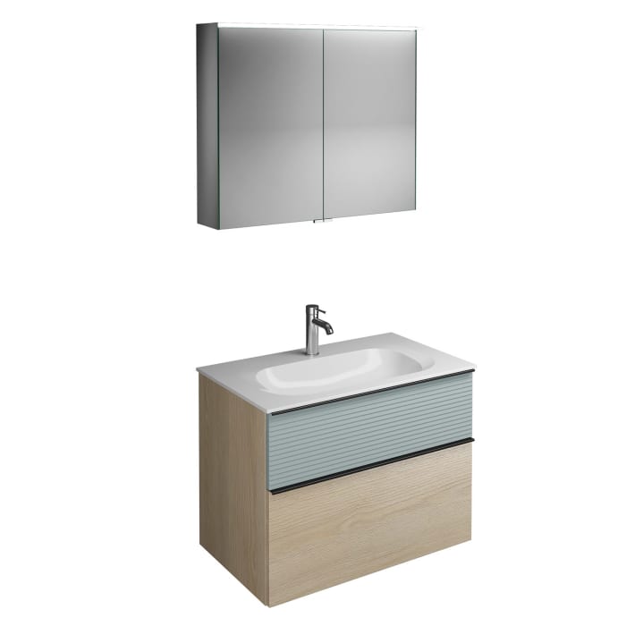 burgbad Fiumo Badmöbel-Set 82 cm mit Waschtisch und Unterschrank  mit Griff G0200 sowie mit Spiegelschrank