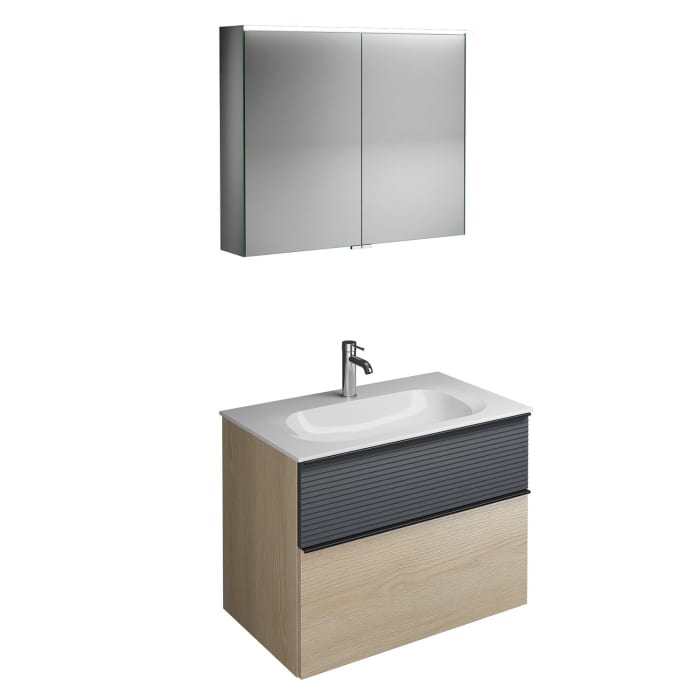 burgbad Fiumo Badmöbel-Set 82 cm mit Waschtisch und Unterschrank  mit Griff G0200 sowie mit Spiegelschrank