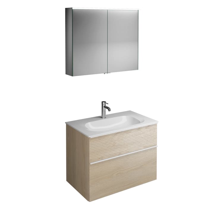 burgbad Fiumo Badmöbel-Set 82 cm mit Waschtisch und Unterschrank  mit Griff G0223 sowie mit Spiegelschrank