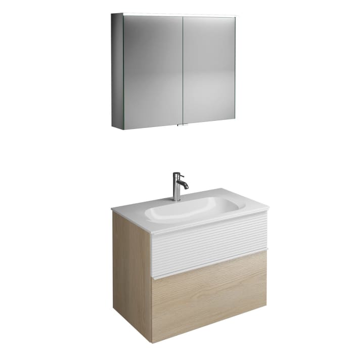 burgbad Fiumo Badmöbel-Set 82 cm mit Waschtisch und Unterschrank  mit Griff G0223 sowie mit Spiegelschrank