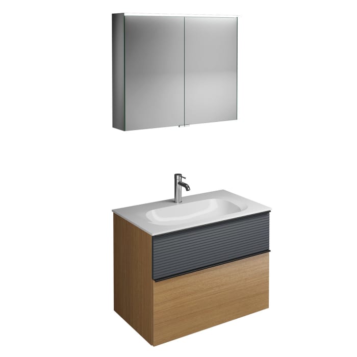 burgbad Fiumo Badmöbel-Set 82 cm mit Waschtisch und Unterschrank  mit Griff G0200 sowie mit Spiegelschrank