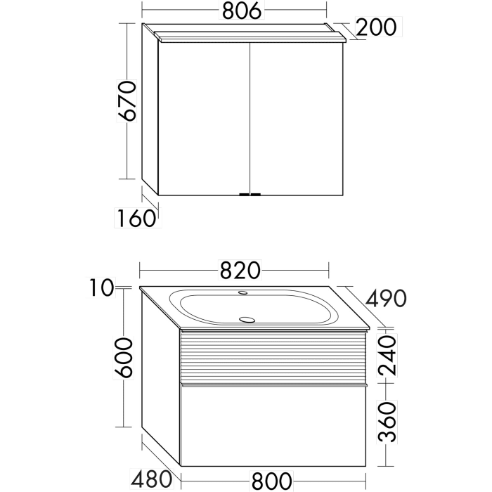 burgbad Fiumo Badmöbel-Set 82 cm mit Waschtisch und Unterschrank  mit Griff G0146 sowie mit Spiegelschrank