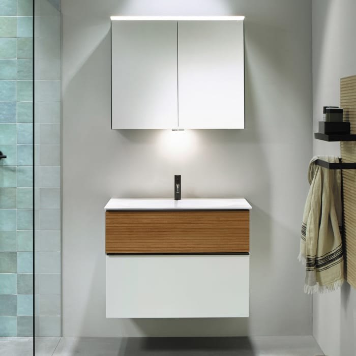 burgbad Fiumo Badmöbel-Set 82 cm mit Waschtisch und Unterschrank  mit Griff G0200 sowie mit Spiegelschrank