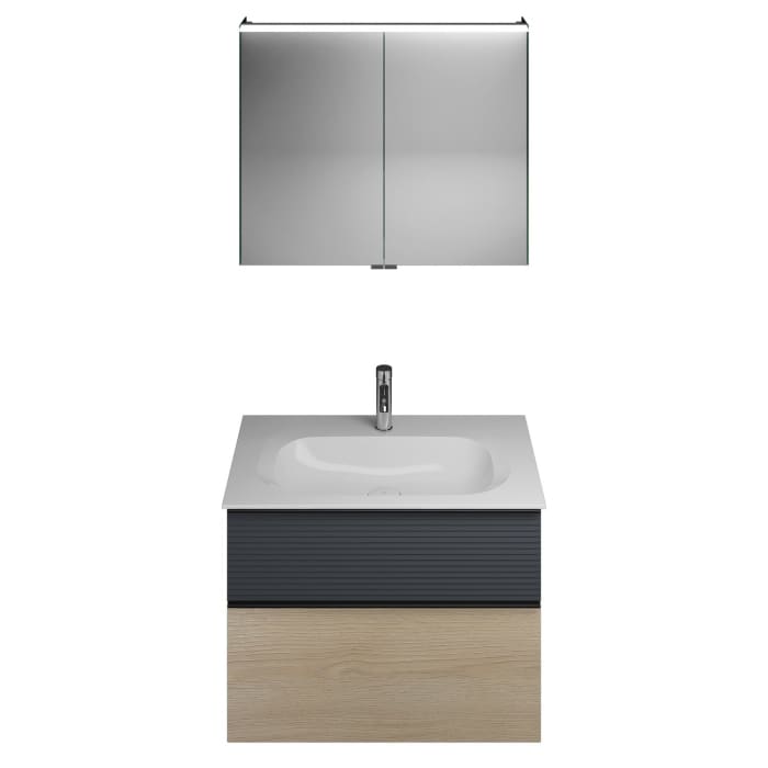 burgbad Fiumo Badmöbel-Set 82 cm mit Waschtisch und Unterschrank  mit Griff G0200 sowie mit Spiegelschrank