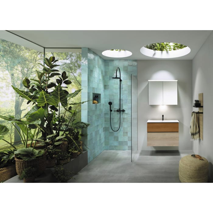 burgbad Fiumo Badmöbel-Set 82 cm mit Waschtisch und Unterschrank  mit Griff G0200 sowie mit Spiegelschrank