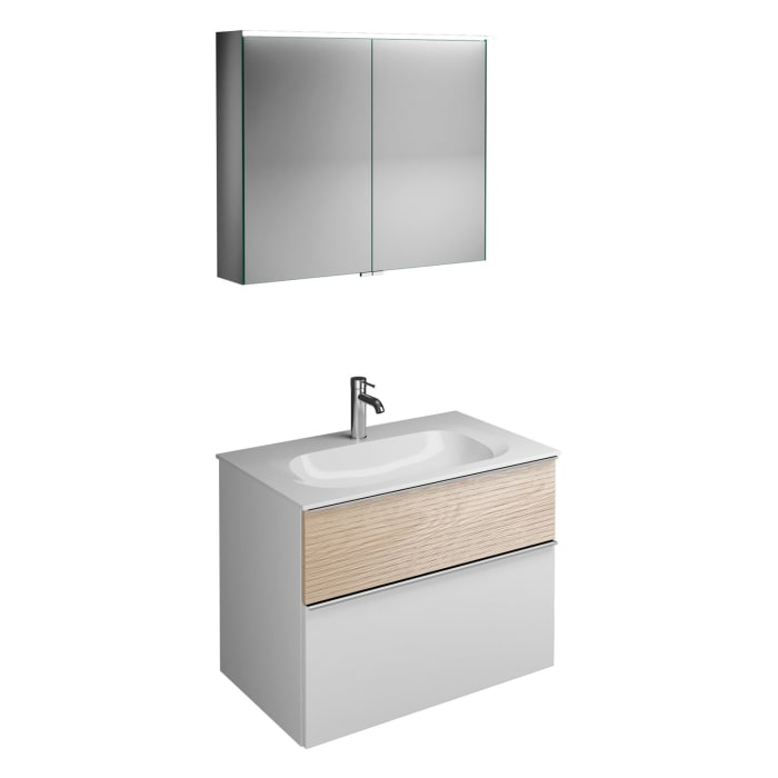 burgbad Fiumo Badmöbel-Set 82 cm mit Waschtisch und Unterschrank  mit Griff G0146 sowie mit Spiegelschrank