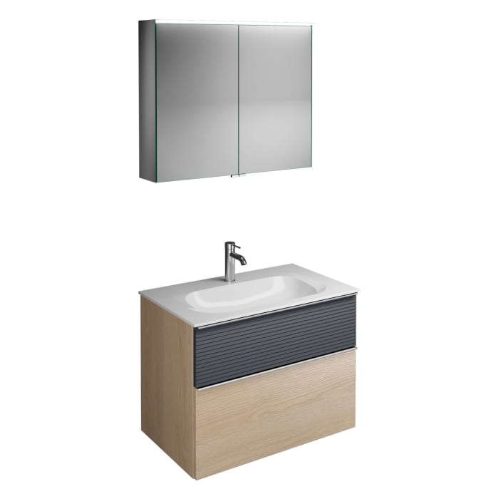 burgbad Fiumo Badmöbel-Set 82 cm mit Waschtisch und Unterschrank  mit Griff G0146 sowie mit Spiegelschrank