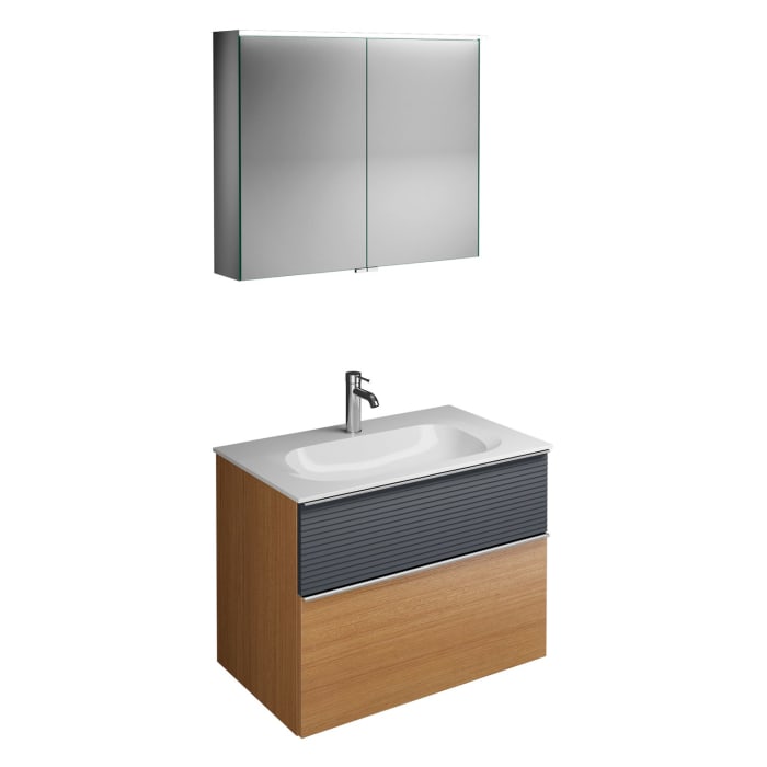 burgbad Fiumo Badmöbel-Set 82 cm mit Waschtisch und Unterschrank  mit Griff G0146 sowie mit Spiegelschrank