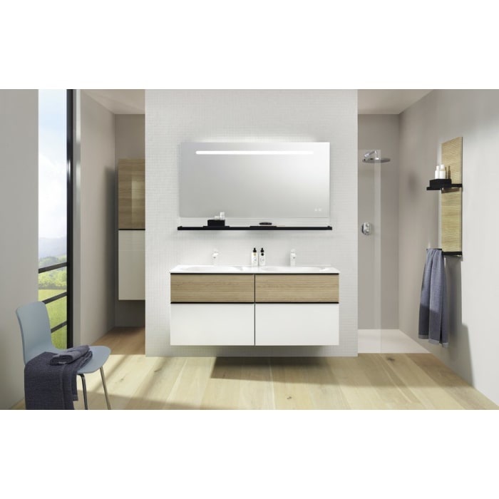 burgbad Fiumo Mineralguss-Doppelwaschtisch mit Unterschrank 142 cm, mit Griff G0200, oben mit Plissée-Struktur