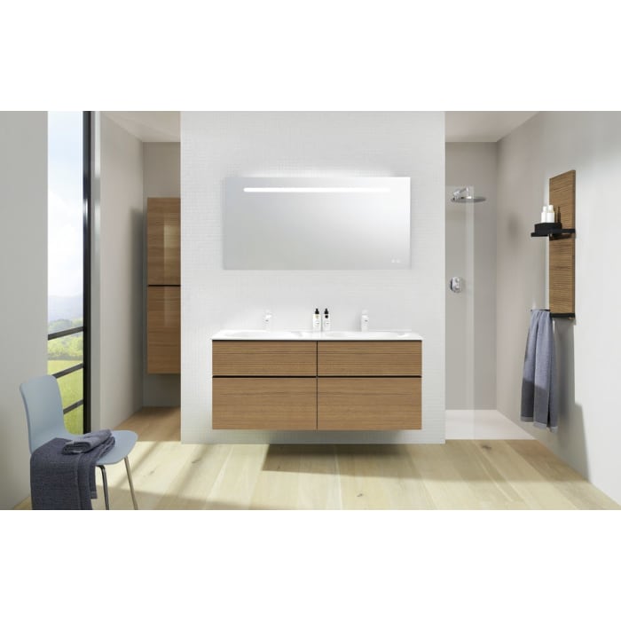 burgbad Fiumo Mineralguss-Doppelwaschtisch mit Unterschrank 142 cm, mit Griff G0200, oben mit Plissée-Struktur