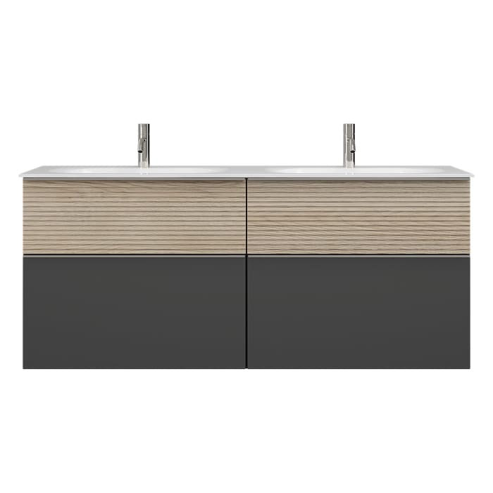 burgbad Fiumo Mineralguss-Doppelwaschtisch mit Unterschrank 142 cm, mit Griff G0146, oben mit Plissée-Struktur