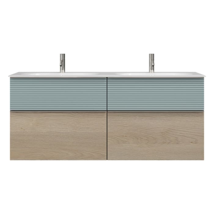 burgbad Fiumo Mineralguss-Doppelwaschtisch mit Unterschrank 142 cm, mit Griff G0146, oben mit Plissée-Struktur