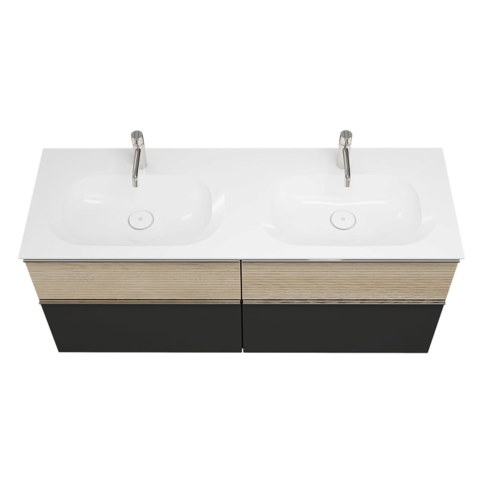 burgbad Fiumo Mineralguss-Doppelwaschtisch mit Unterschrank 142 cm, mit Griff G0146, oben mit Plissée-Struktur