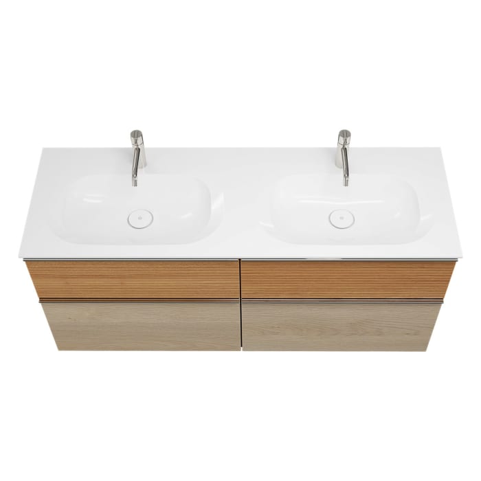 burgbad Fiumo Mineralguss-Doppelwaschtisch mit Unterschrank 142 cm, mit Griff G0146, oben mit Plissée-Struktur