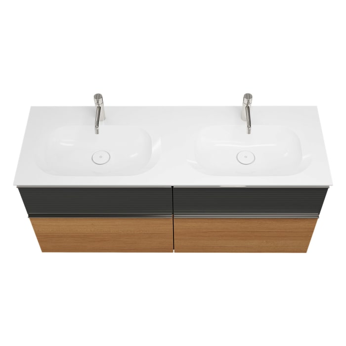 burgbad Fiumo Mineralguss-Doppelwaschtisch mit Unterschrank 142 cm, mit Griff G0146, oben mit Plissée-Struktur