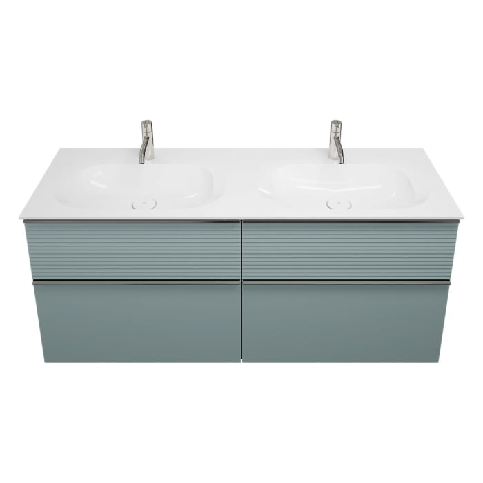 burgbad Fiumo Mineralguss-Doppelwaschtisch mit Unterschrank 142 cm, mit Griff G0146, oben mit Plissée-Struktur