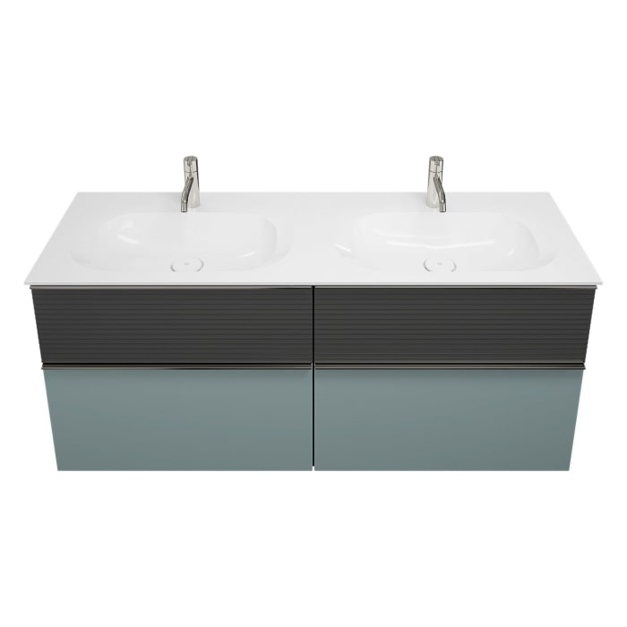 burgbad Fiumo Mineralguss-Doppelwaschtisch mit Unterschrank 142 cm, mit Griff G0146, oben mit Plissée-Struktur