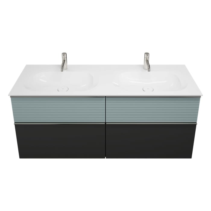 burgbad Fiumo Mineralguss-Doppelwaschtisch mit Unterschrank 142 cm, mit Griff G0146, oben mit Plissée-Struktur