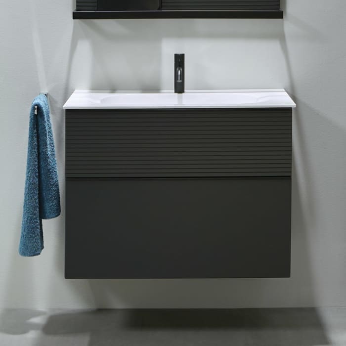 burgbad Fiumo Mineralguss-Waschtisch mit Unterschrank 82 cm, mit Griff G0200, oben mit Plissée-Struktur