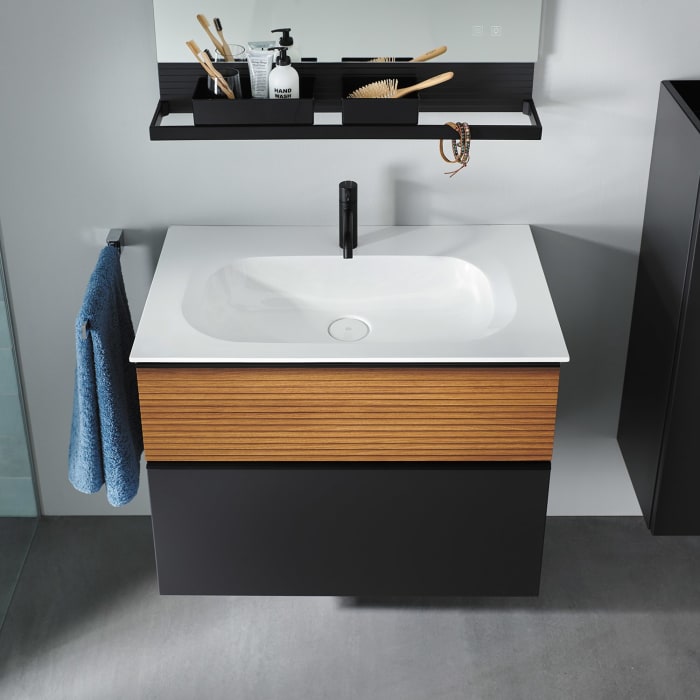 burgbad Fiumo Mineralguss-Waschtisch mit Unterschrank 82 cm, mit Griff G0200, oben mit Plissée-Struktur