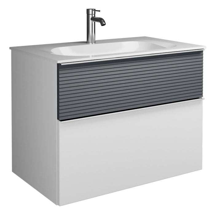 burgbad Fiumo Mineralguss-Waschtisch mit Unterschrank 82 cm, mit Griff G0146, oben mit Plissée-Struktur