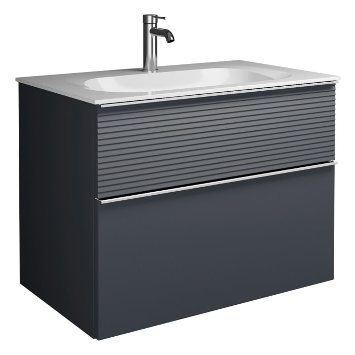 burgbad Fiumo Mineralguss-Waschtisch mit Unterschrank 82 cm, mit Griff G0146, oben mit Plissée-Struktur