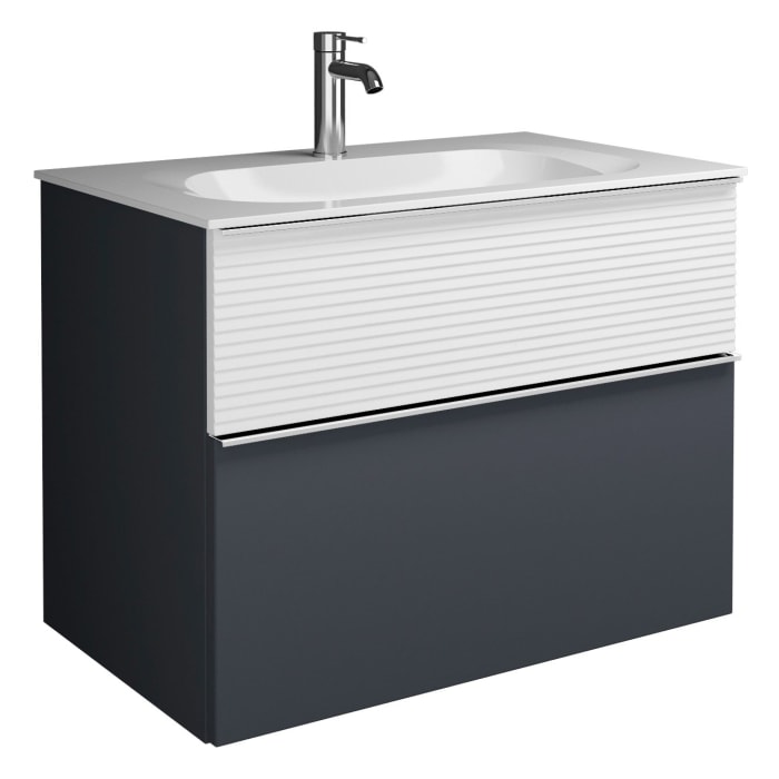 burgbad Fiumo Mineralguss-Waschtisch mit Unterschrank 82 cm, mit Griff G0146, oben mit Plissée-Struktur