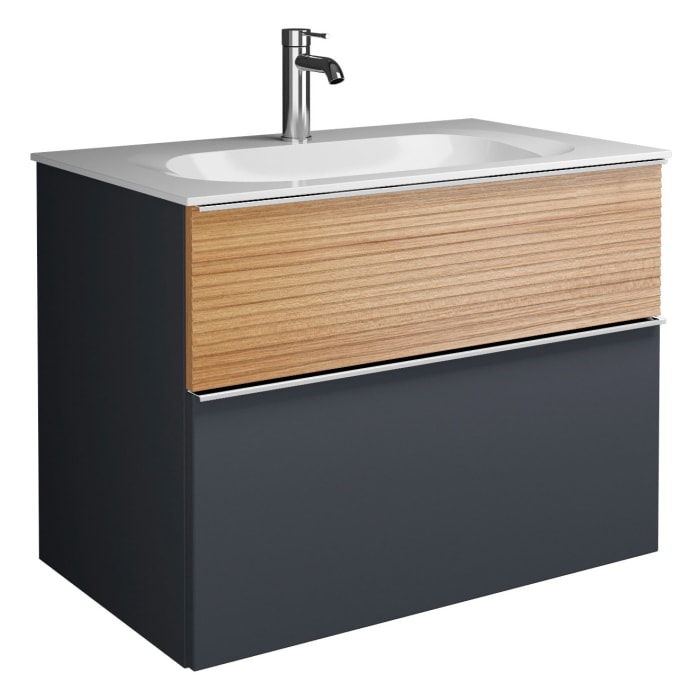 burgbad Fiumo Mineralguss-Waschtisch mit Unterschrank 82 cm, mit Griff G0146, oben mit Plissée-Struktur