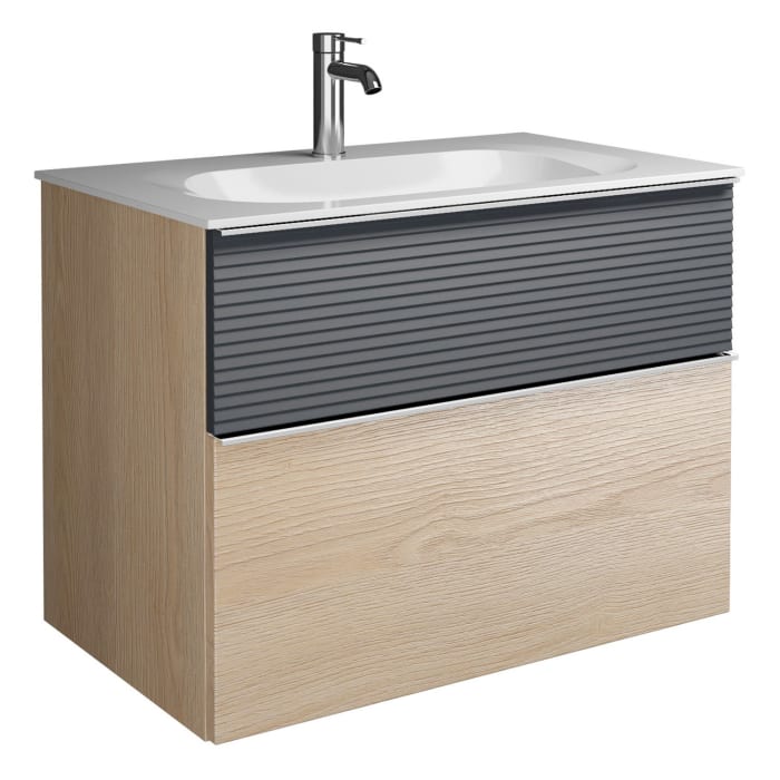 burgbad Fiumo Mineralguss-Waschtisch mit Unterschrank 82 cm, mit Griff G0146, oben mit Plissée-Struktur