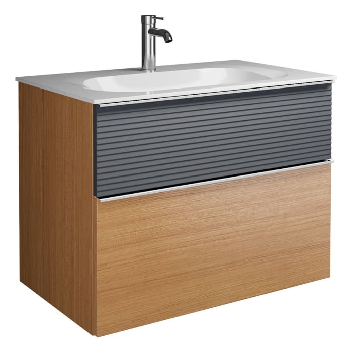 burgbad Fiumo Mineralguss-Waschtisch mit Unterschrank 82 cm, mit Griff G0146, oben mit Plissée-Struktur