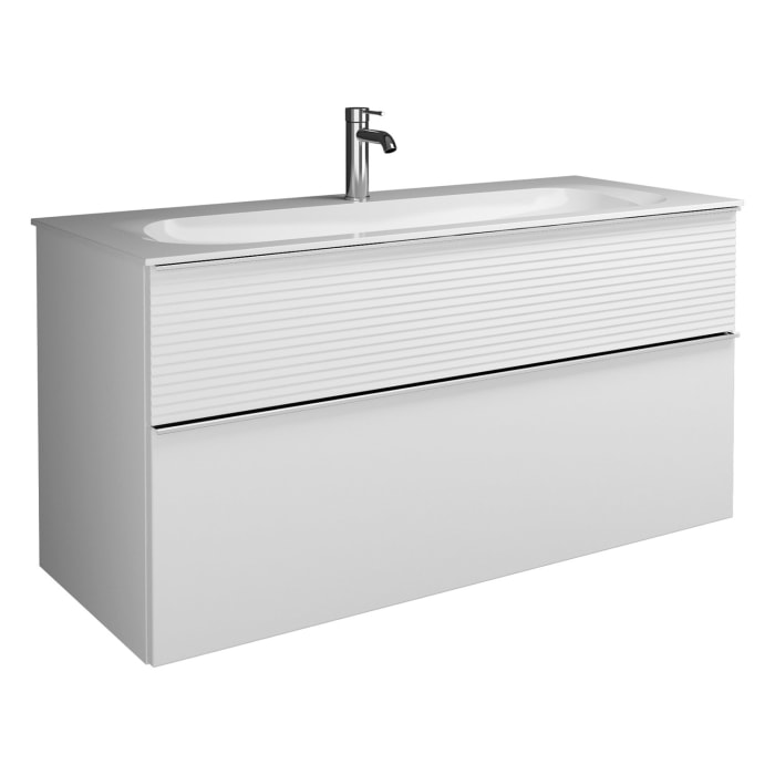 burgbad Fiumo Mineralguss-Waschtisch mit Unterschrank 122 cm, mit 1 Hahnloch, mit Griff G0146, oben mit Plissée-Struktur