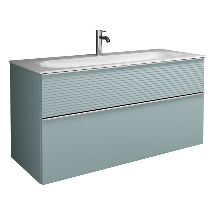 burgbad Fiumo Mineralguss-Waschtisch mit Unterschrank 122 cm, mit 1 Hahnloch, mit Griff G0146, oben mit Plissée-Struktur