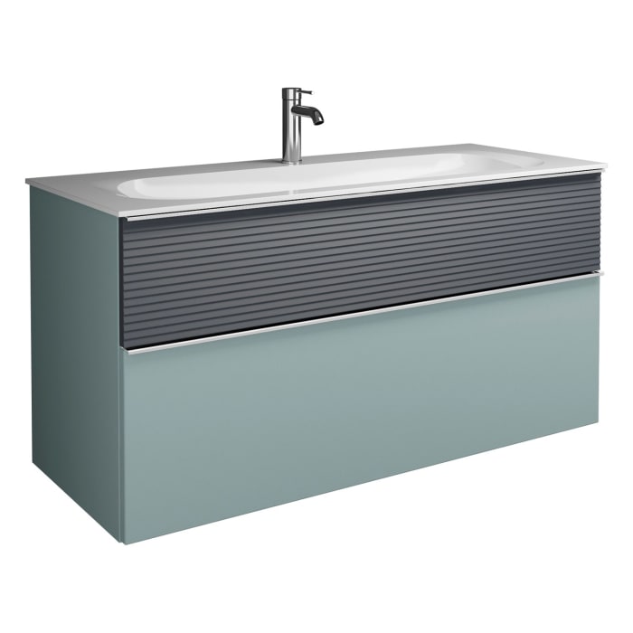 burgbad Fiumo Mineralguss-Waschtisch mit Unterschrank 122 cm, mit 1 Hahnloch, mit Griff G0146, oben mit Plissée-Struktur