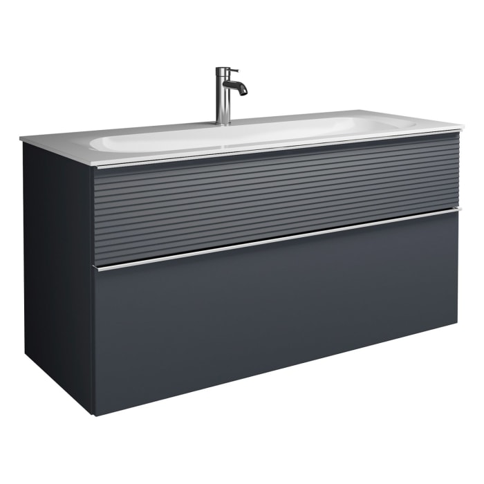 burgbad Fiumo Mineralguss-Waschtisch mit Unterschrank 122 cm, mit 1 Hahnloch, mit Griff G0146, oben mit Plissée-Struktur