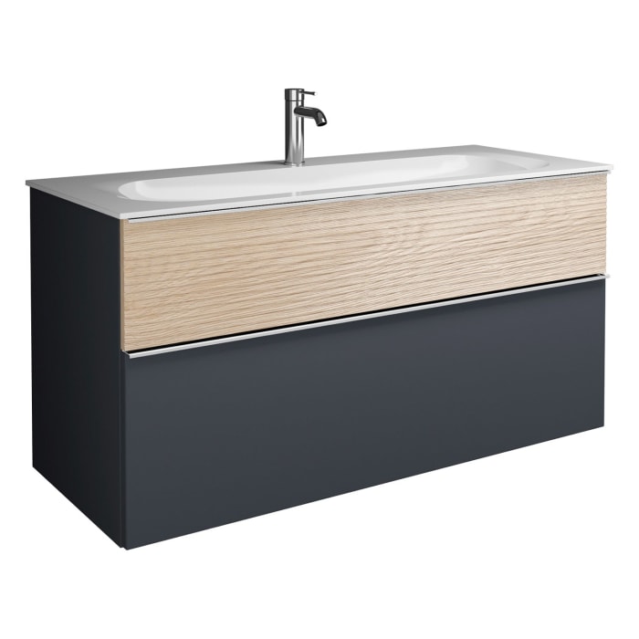 burgbad Fiumo Mineralguss-Waschtisch mit Unterschrank 122 cm, mit 1 Hahnloch, mit Griff G0146, oben mit Plissée-Struktur