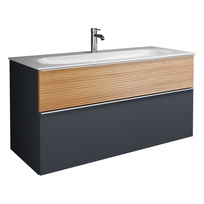 burgbad Fiumo Mineralguss-Waschtisch mit Unterschrank 122 cm, mit 1 Hahnloch, mit Griff G0146, oben mit Plissée-Struktur