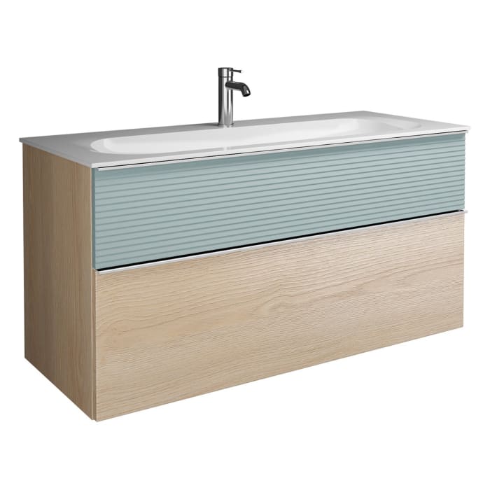 burgbad Fiumo Mineralguss-Waschtisch mit Unterschrank 122 cm, mit 1 Hahnloch, mit Griff G0146, oben mit Plissée-Struktur