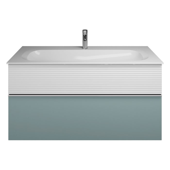 burgbad Fiumo Mineralguss-Waschtisch mit Unterschrank 122 cm, mit 1 Hahnloch, mit Griff G0146, oben mit Plissée-Struktur