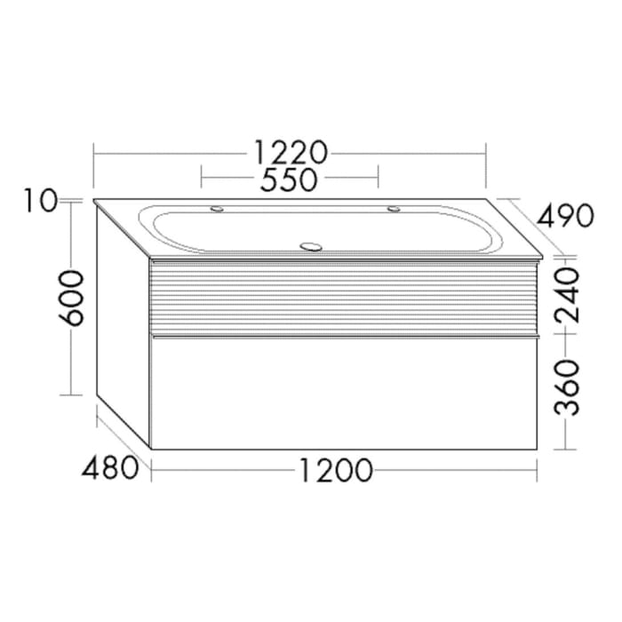 burgbad Fiumo Mineralguss-Waschtisch mit Unterschrank 122 cm, mit 2 Hahnlöcher, mit Griff G0146, oben mit Plissée-Struktur